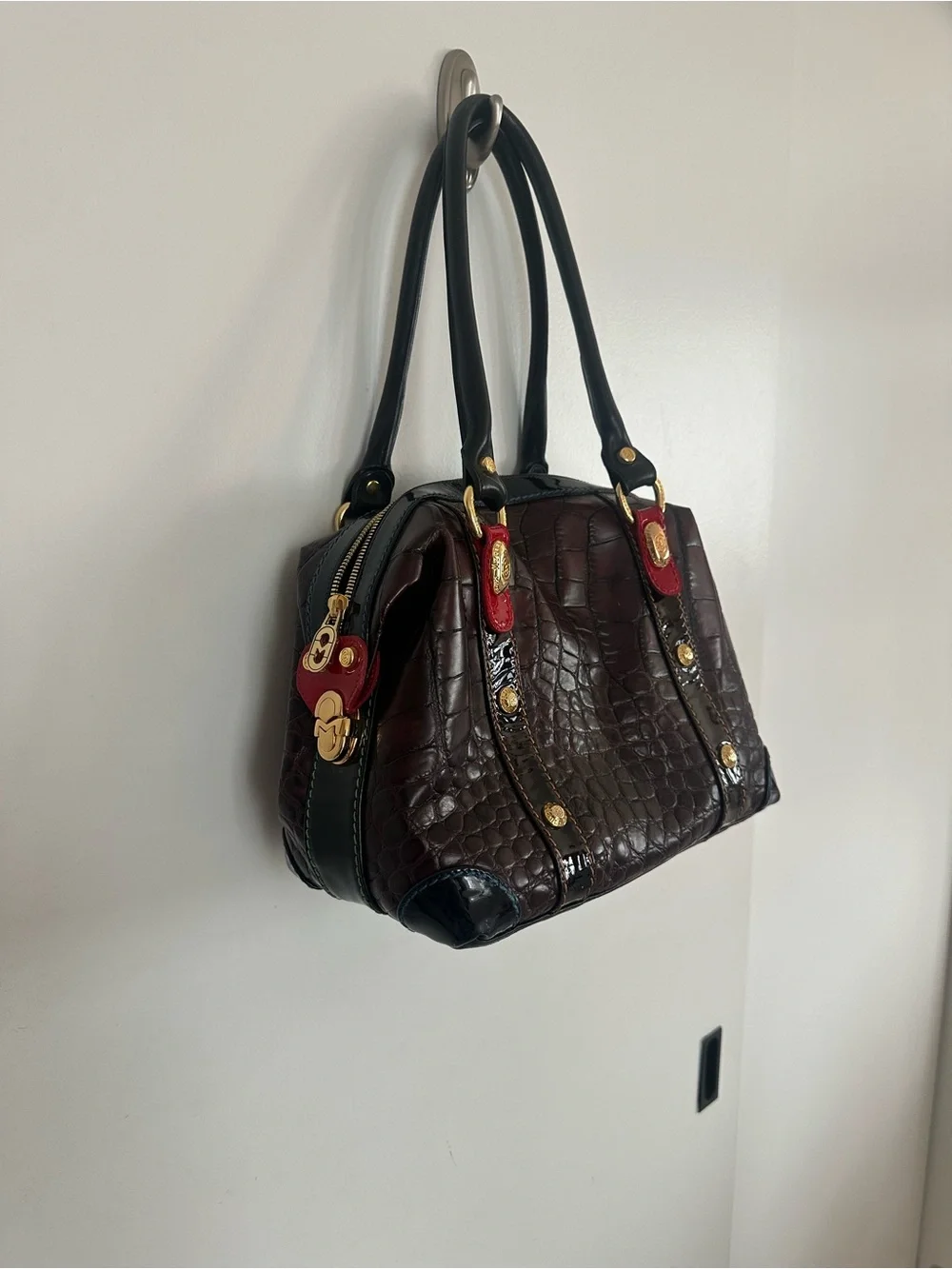 Marino Orlando Stylish Croc-Embossed Satchel Handbag in Deep Burgundy and Black